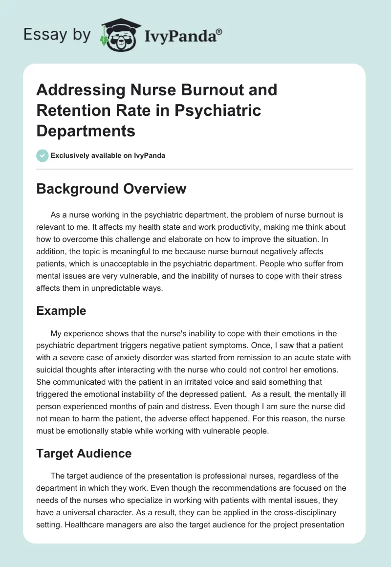 Addressing Nurse Burnout and Retention Rate in Psychiatric Departments. Page 1