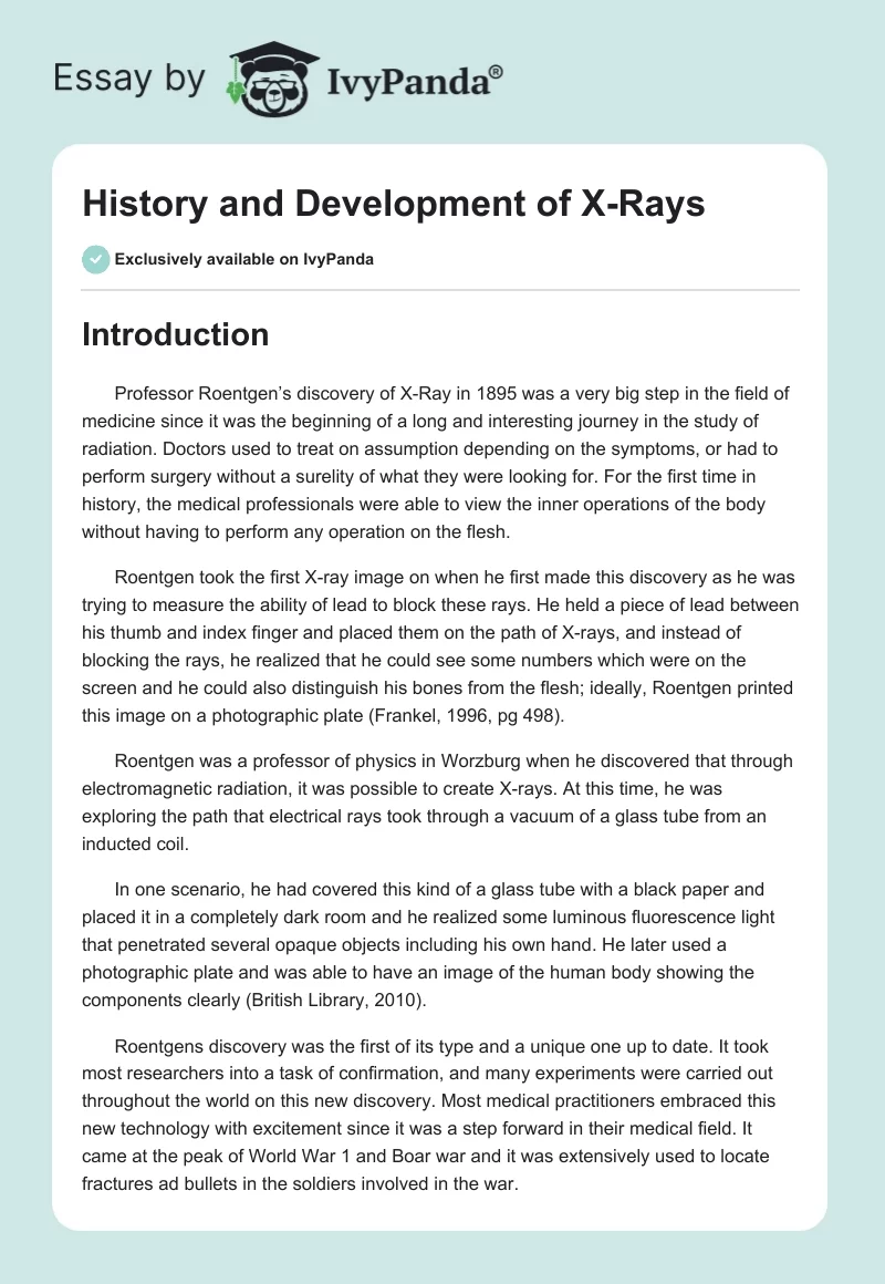 History and Development of X-Rays. Page 1