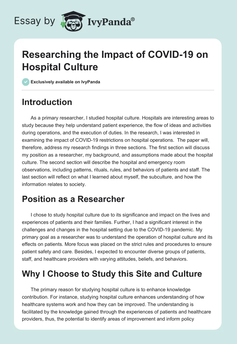 Researching the Impact of COVID-19 on Hospital Culture. Page 1