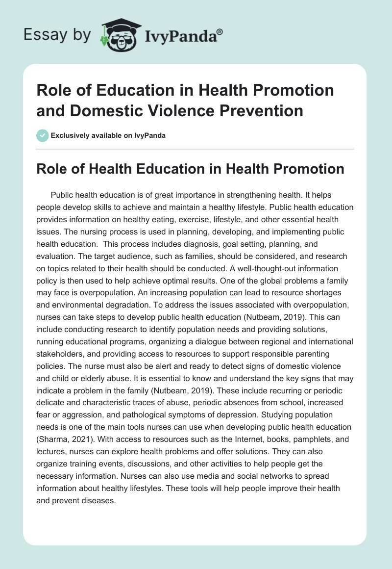 Role of Education in Health Promotion and Domestic Violence Prevention. Page 1
