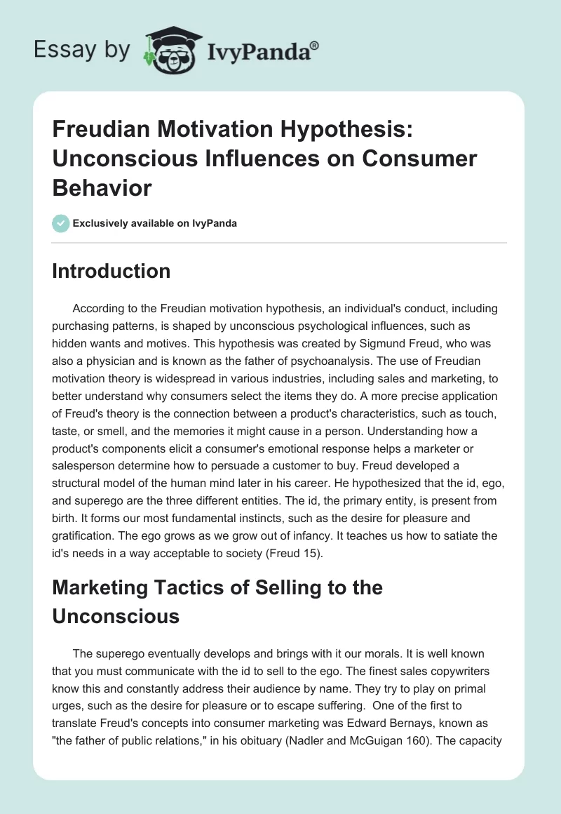 Freudian Motivation Hypothesis: Unconscious Influences on Consumer Behavior. Page 1