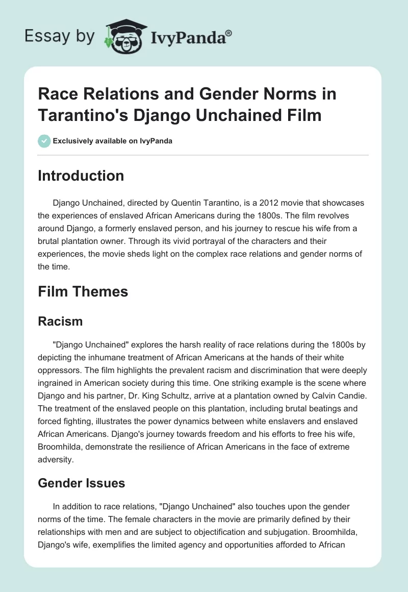 Race Relations and Gender Norms in Tarantino's "Django Unchained" Film. Page 1