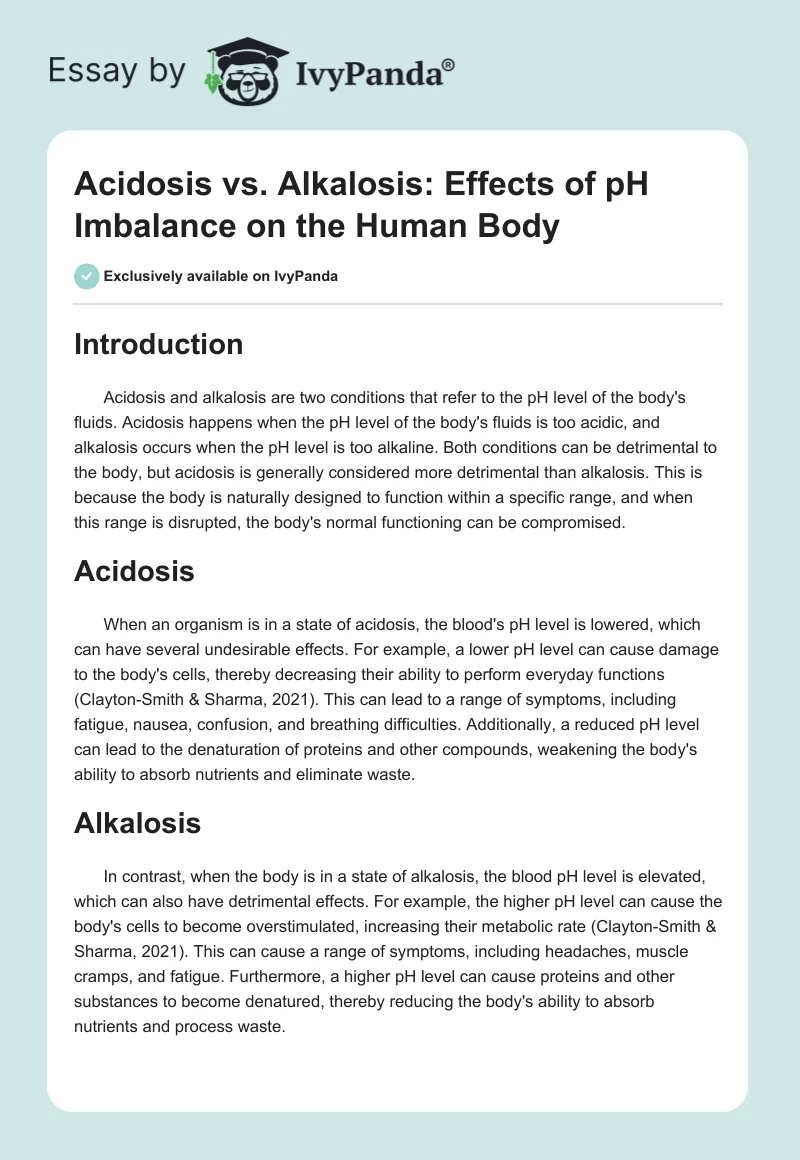 Acidosis vs. Alkalosis: Effects of pH Imbalance on the Human Body. Page 1