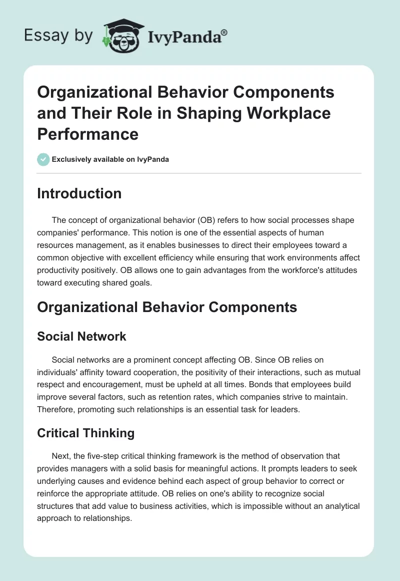 Organizational Behavior Components and Their Role in Shaping Workplace Performance. Page 1