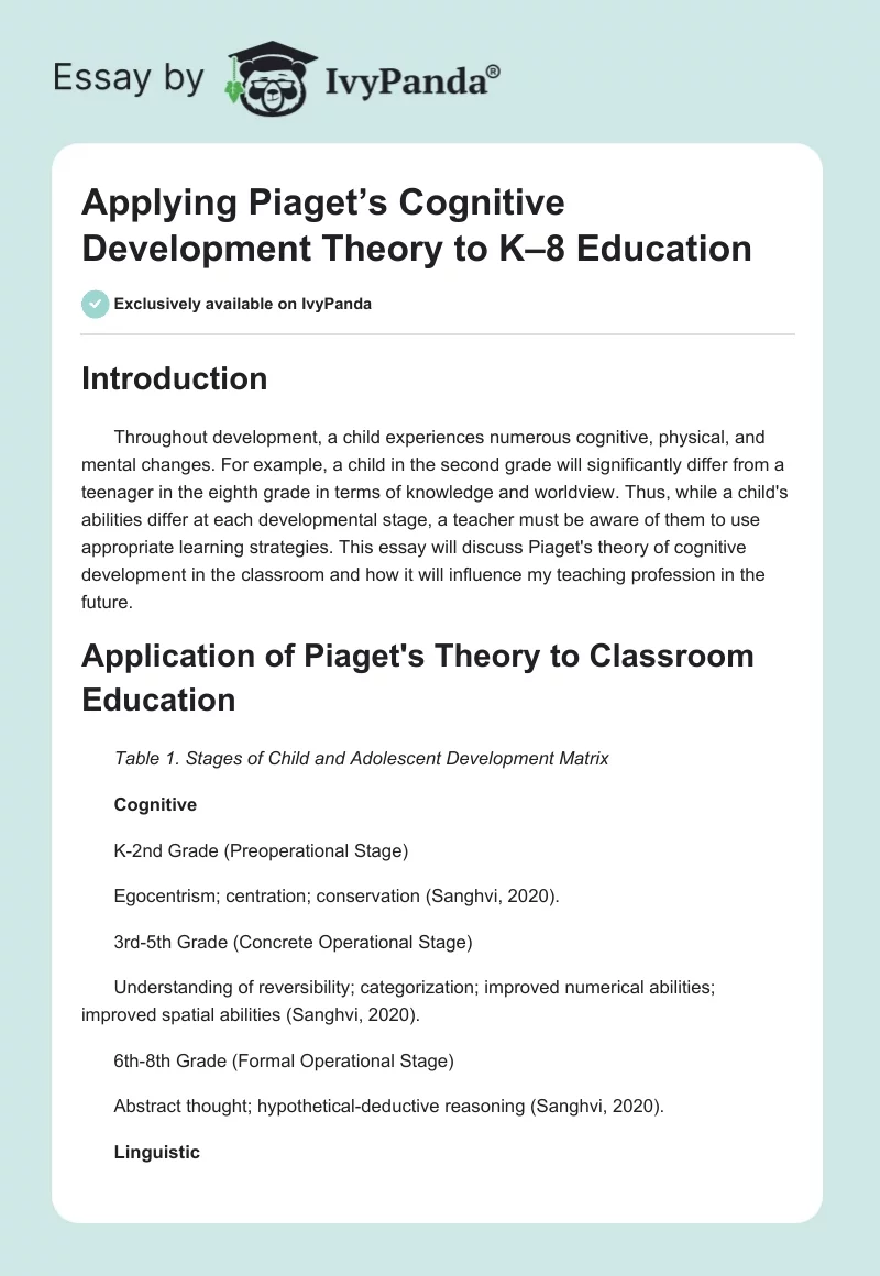 Applying Piaget’s Cognitive Development Theory to K–8 Education. Page 1