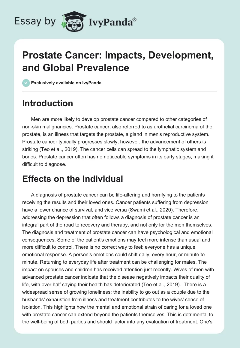Prostate Cancer: Impacts, Development, and Global Prevalence. Page 1