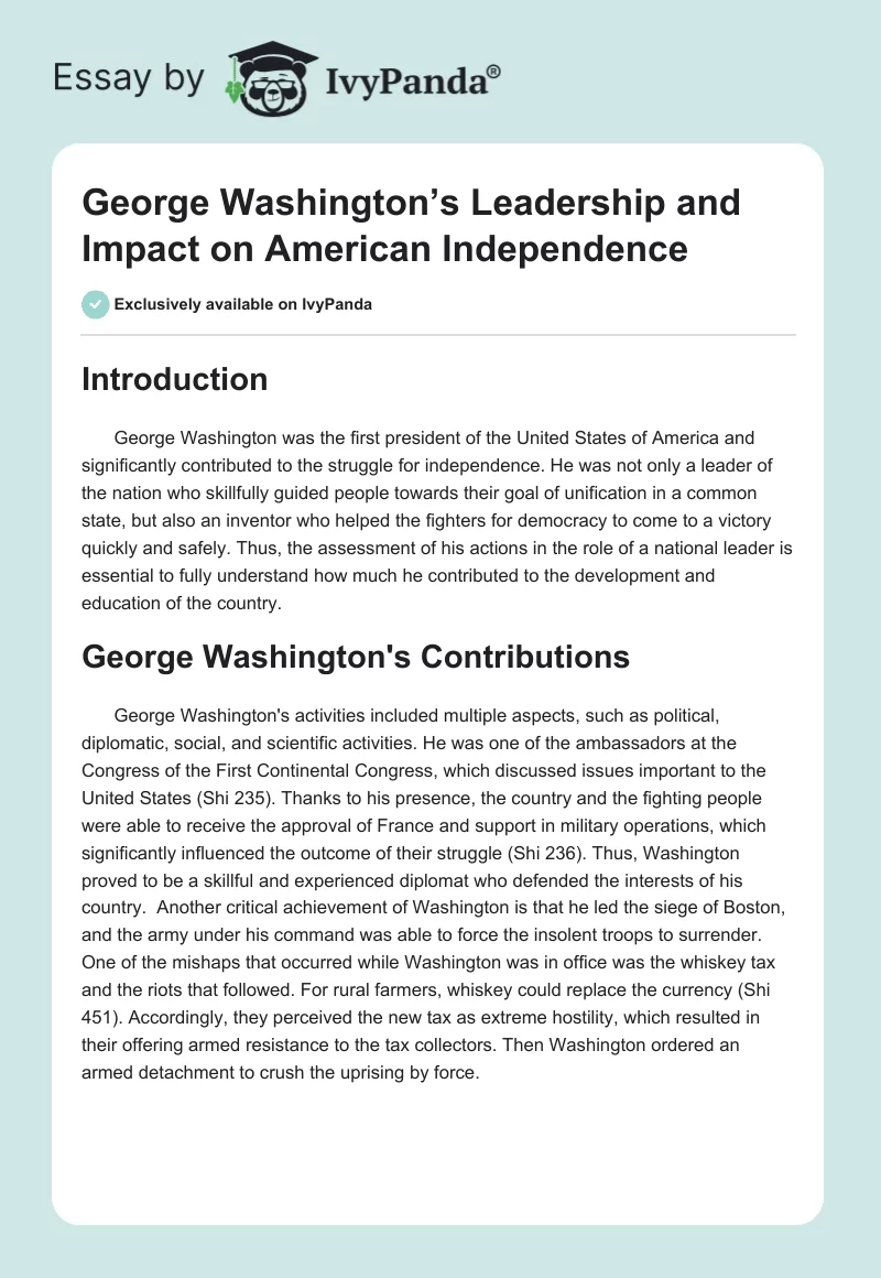 George Washington’s Leadership and Impact on American Independence. Page 1
