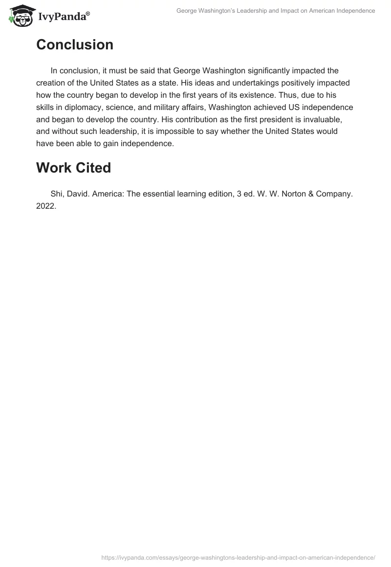 George Washington’s Leadership and Impact on American Independence. Page 2