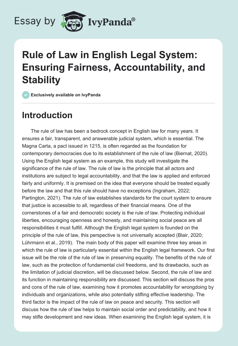 Rule of Law in English Legal System: Ensuring Fairness, Accountability, and Stability. Page 1