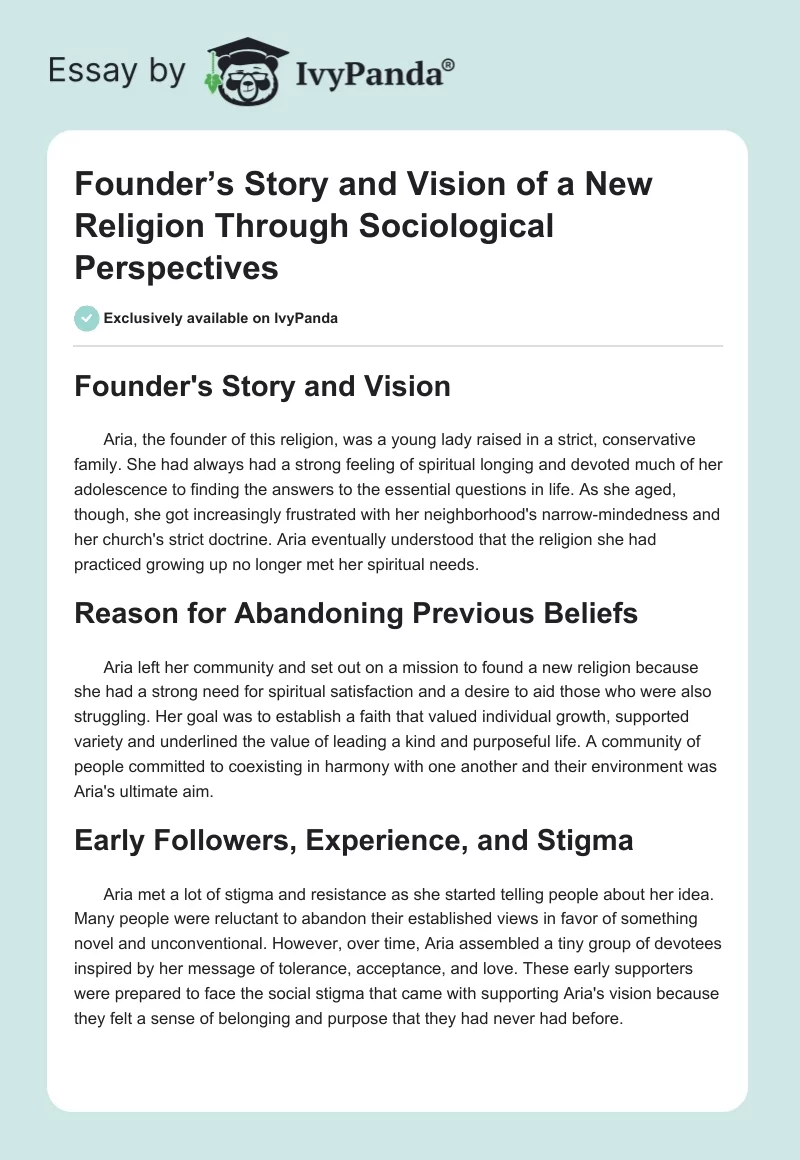 Founder’s Story and Vision of a New Religion Through Sociological Perspectives. Page 1