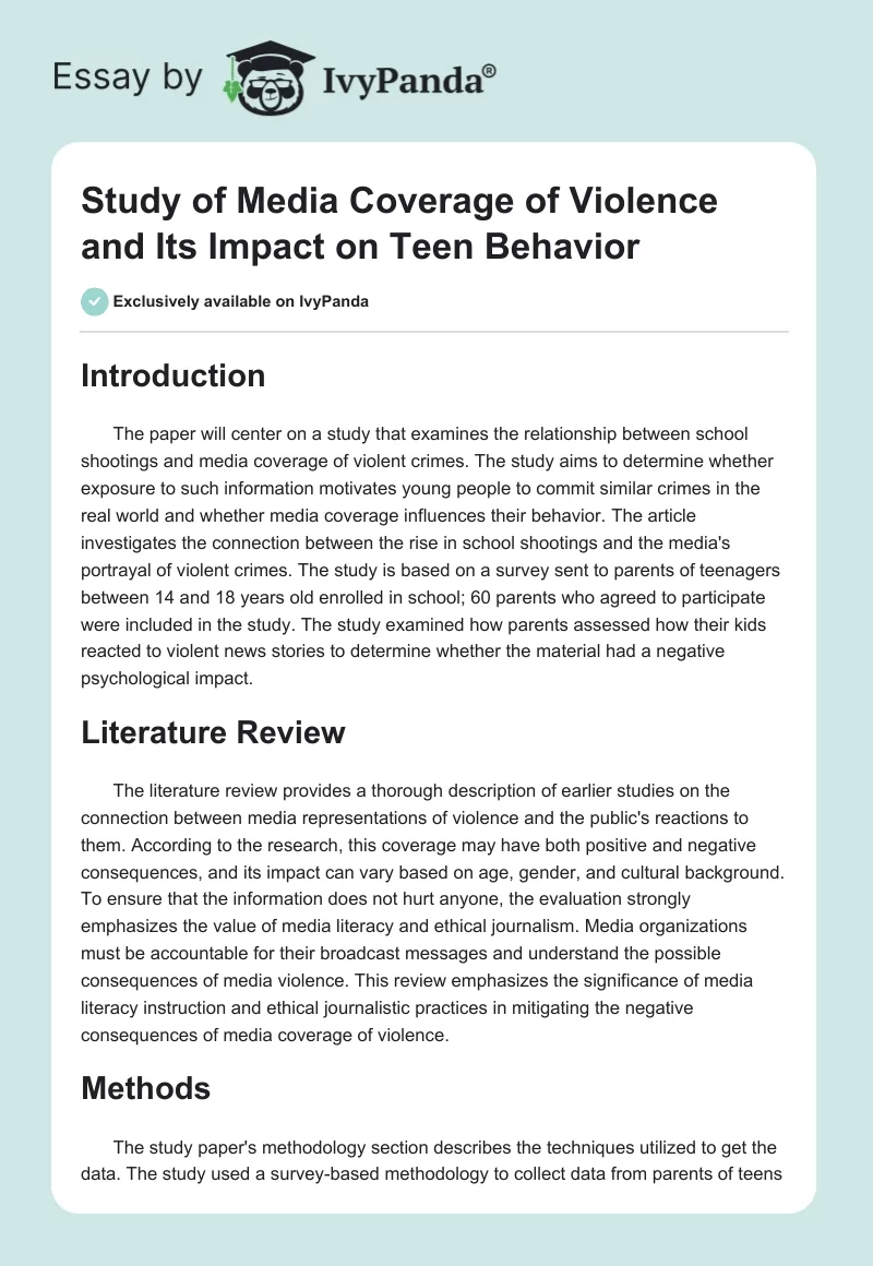 Study of Media Coverage of Violence and Its Impact on Teen Behavior. Page 1