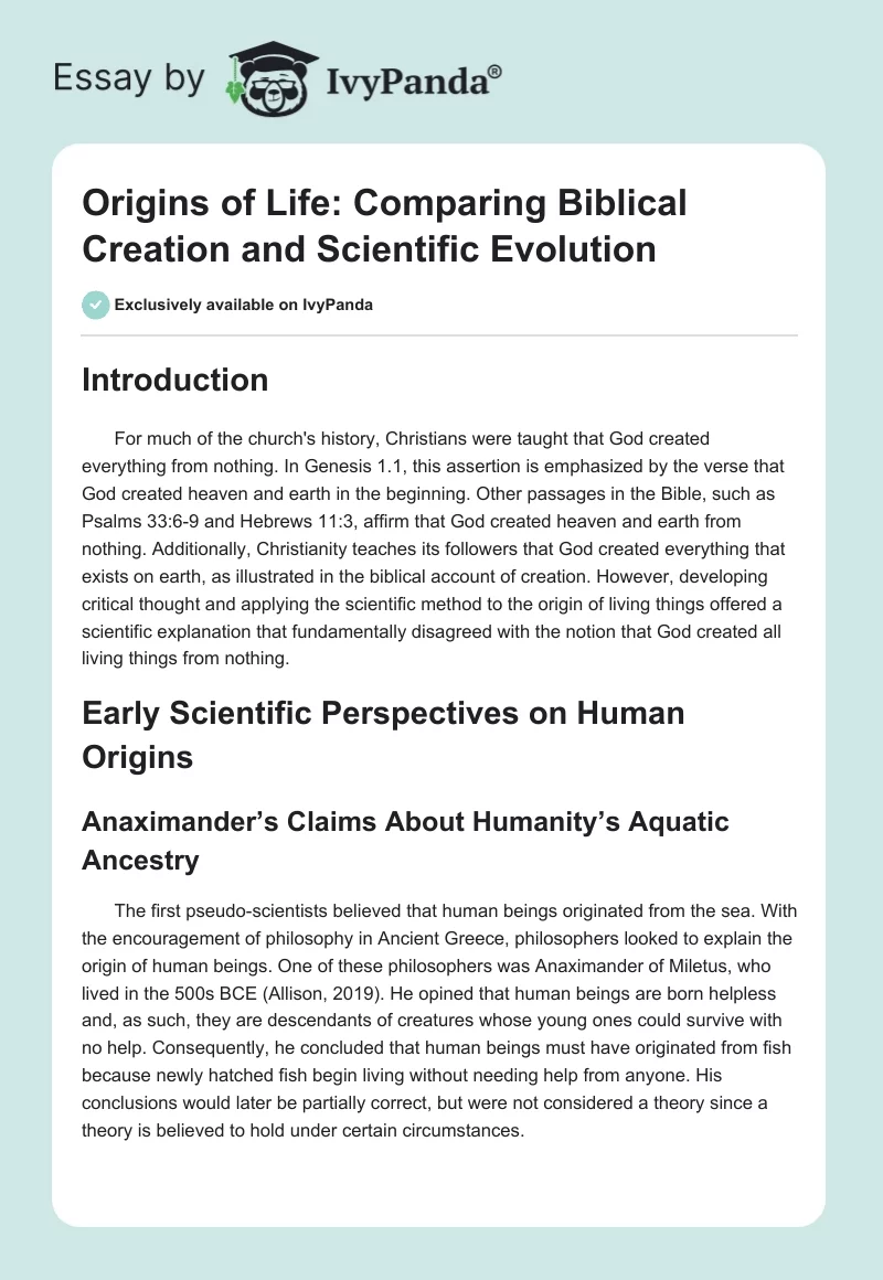 Origins of Life: Comparing Biblical Creation and Scientific Evolution. Page 1