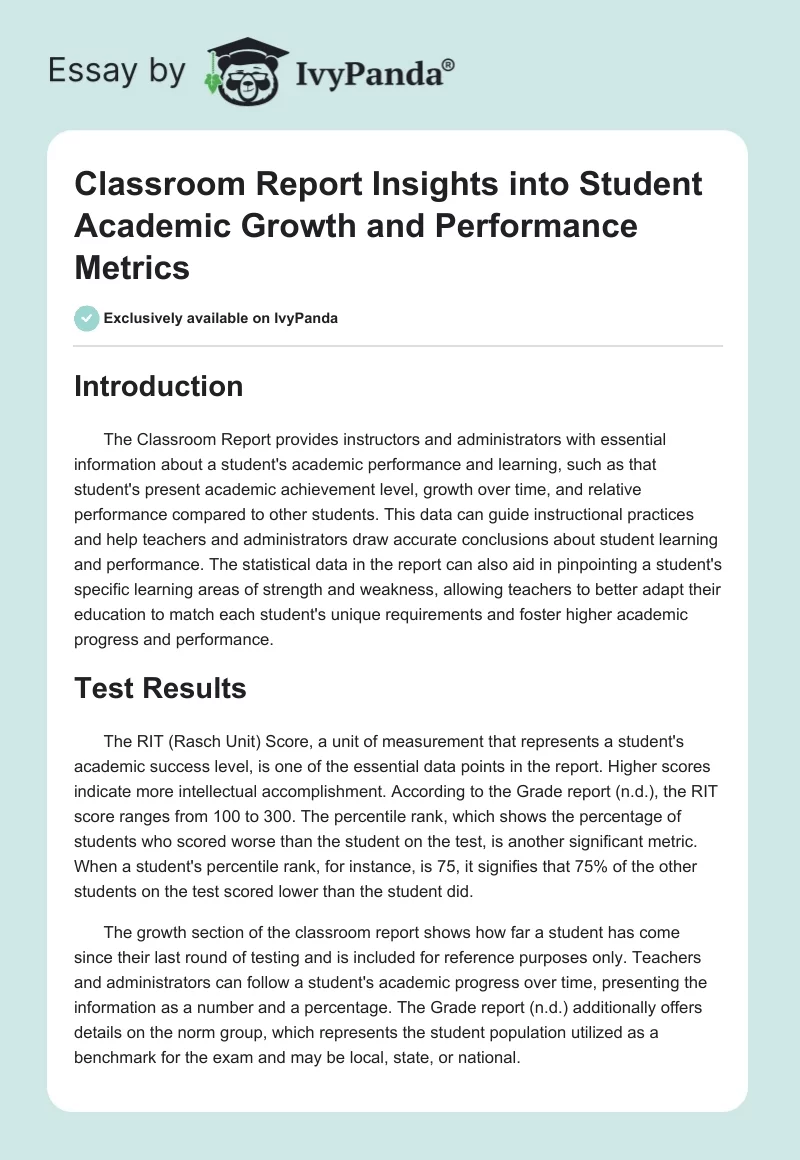 Classroom Report Insights into Student Academic Growth and Performance Metrics. Page 1