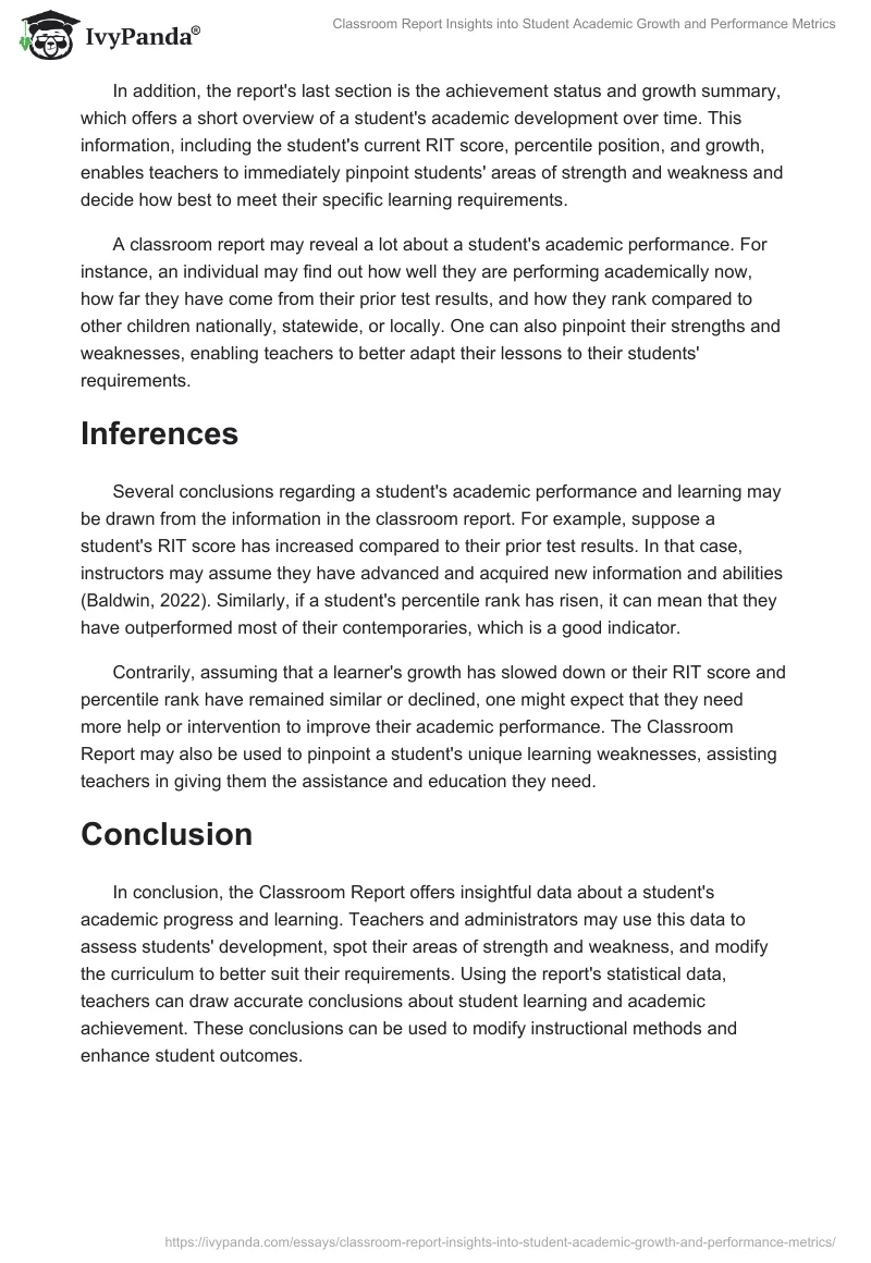 Classroom Report Insights into Student Academic Growth and Performance Metrics. Page 2