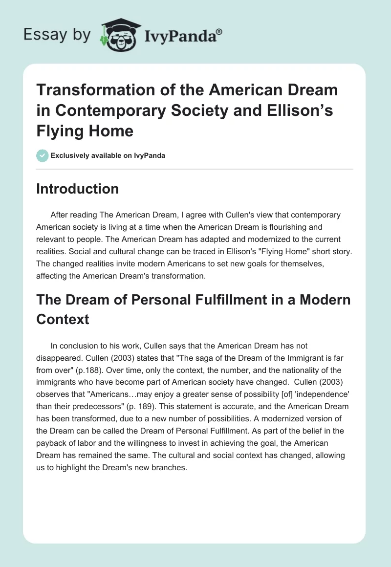 Transformation of the American Dream in Contemporary Society and Ellison’s Flying Home. Page 1