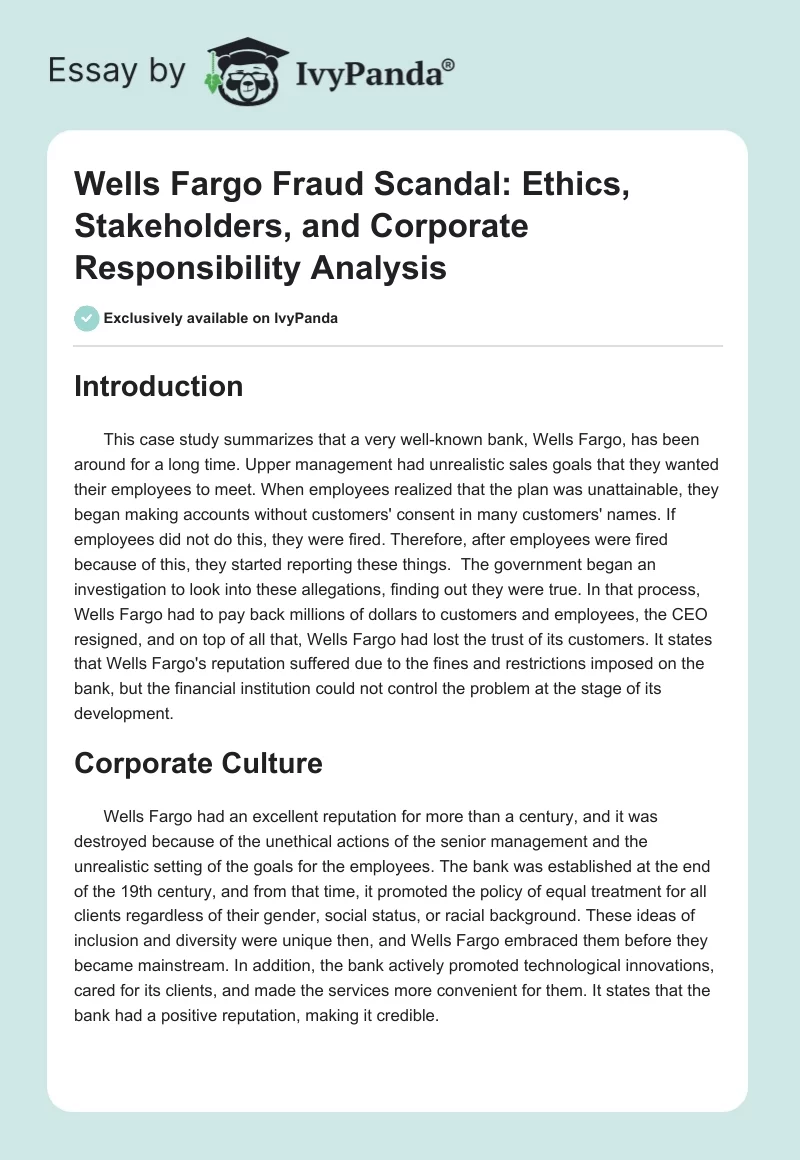 Wells Fargo Fraud Scandal: Ethics, Stakeholders, and Corporate Responsibility Analysis. Page 1