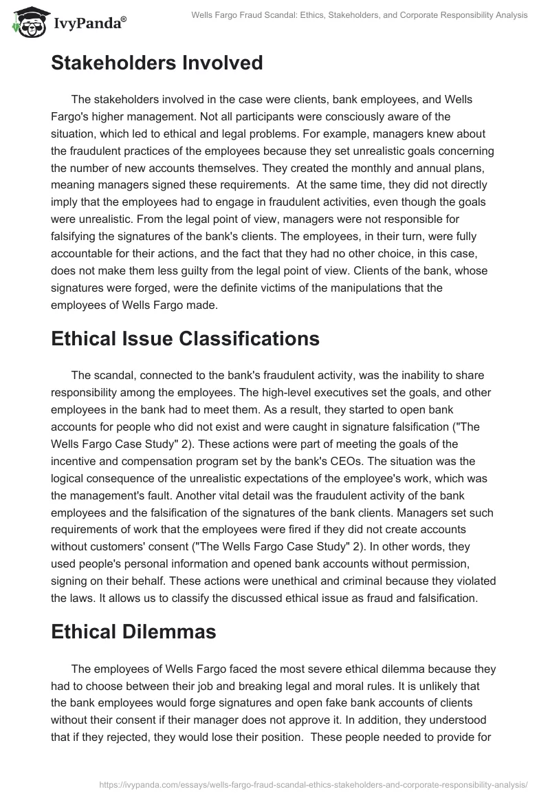 Wells Fargo Fraud Scandal: Ethics, Stakeholders, and Corporate Responsibility Analysis. Page 2