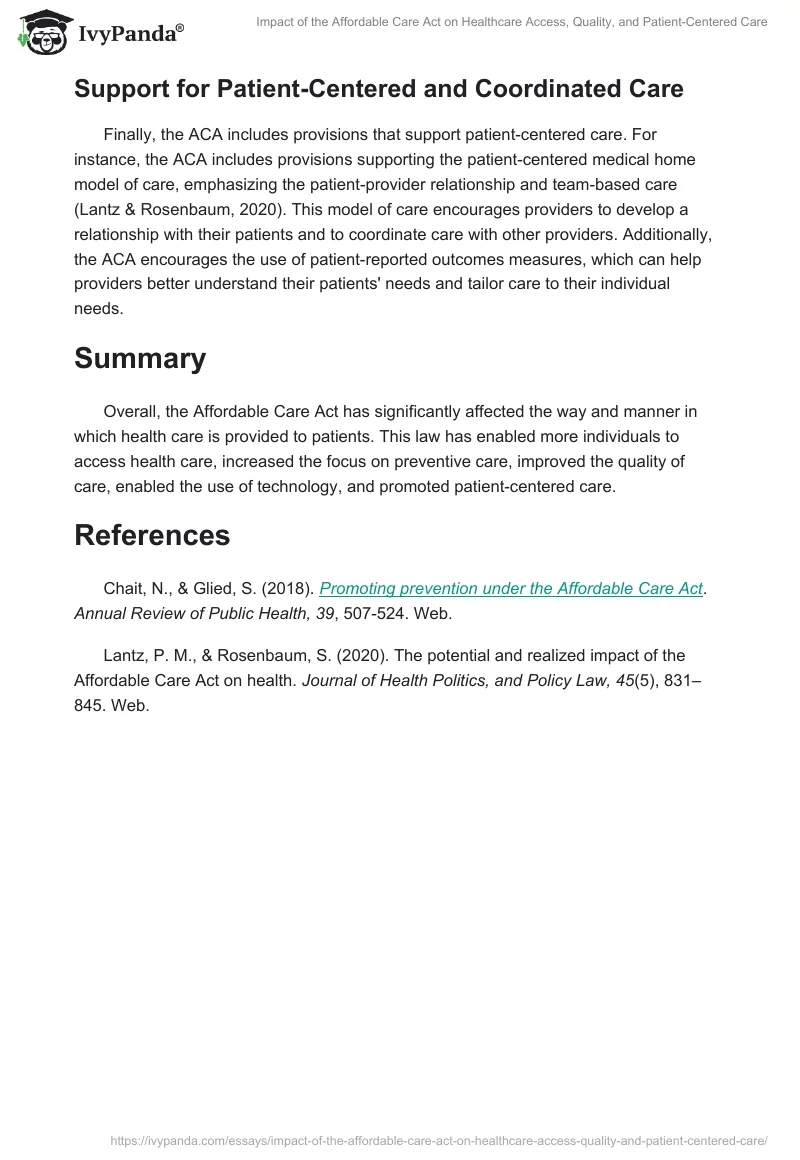 Impact of the Affordable Care Act on Healthcare Access, Quality, and Patient-Centered Care. Page 2