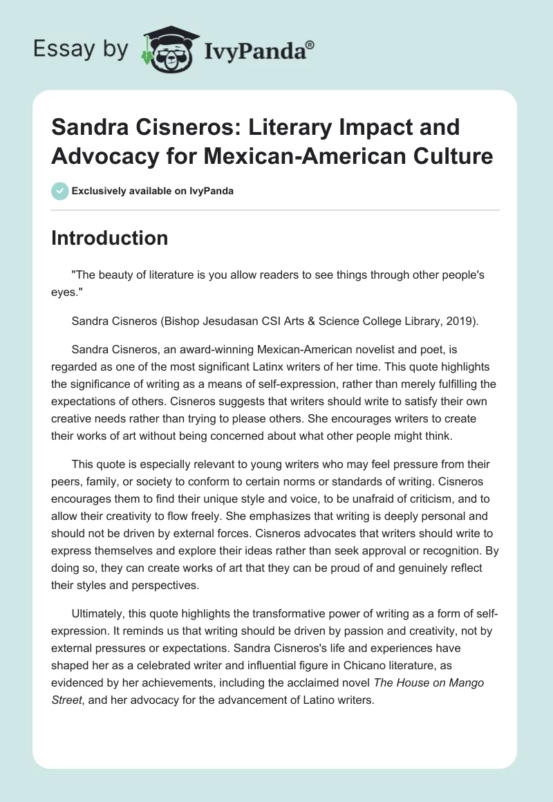 Sandra Cisneros: Literary Impact and Advocacy for Mexican-American Culture. Page 1