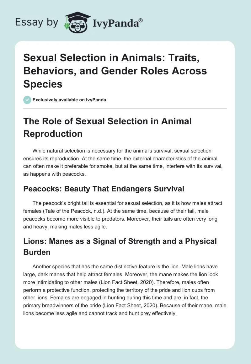 Sexual Selection in Animals: Traits, Behaviors, and Gender Roles Across Species. Page 1