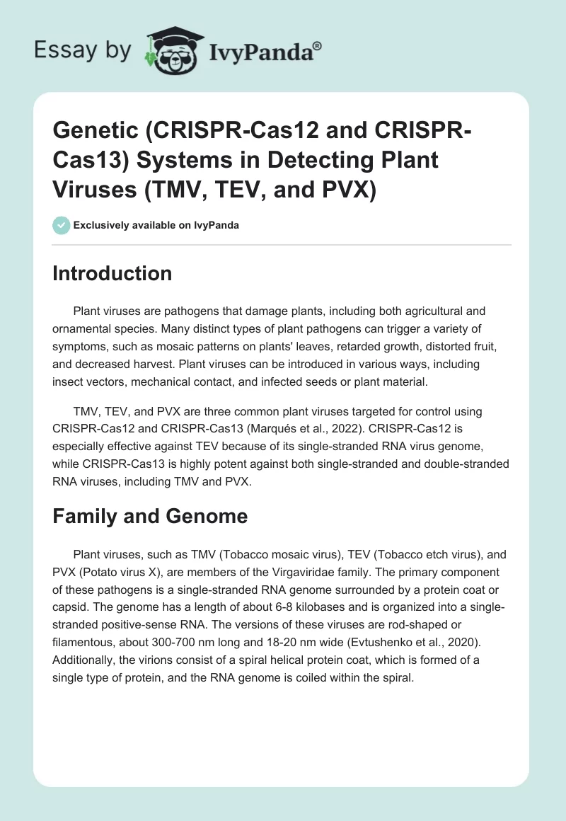 Genetic (CRISPR-Cas12 and CRISPR-Cas13) Systems in Detecting Plant Viruses (TMV, TEV, and PVX). Page 1