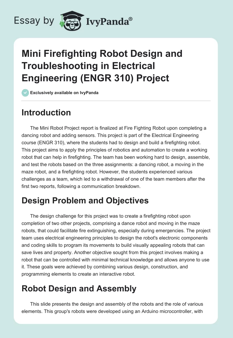 Mini Firefighting Robot Design and Troubleshooting in Electrical Engineering (ENGR 310) Project. Page 1