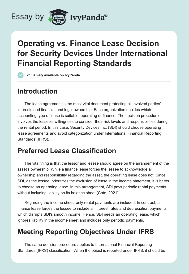 Operating vs. Finance Lease Decision for Security Devices Under International Financial Reporting Standards. Page 1
