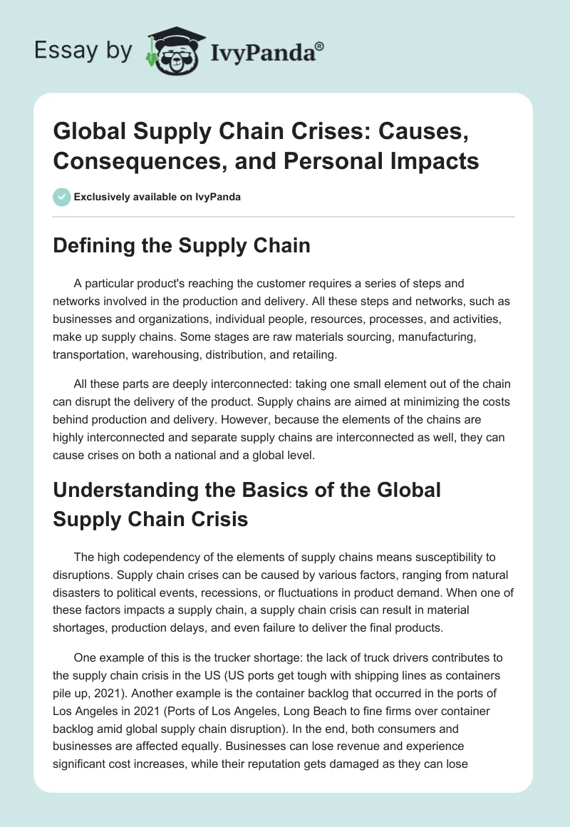 Global Supply Chain Crises: Causes, Consequences, and Personal Impacts. Page 1
