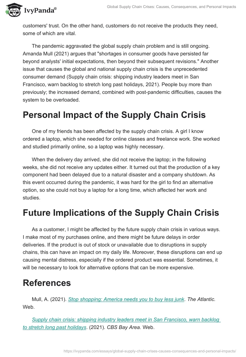 Global Supply Chain Crises: Causes, Consequences, and Personal Impacts. Page 2