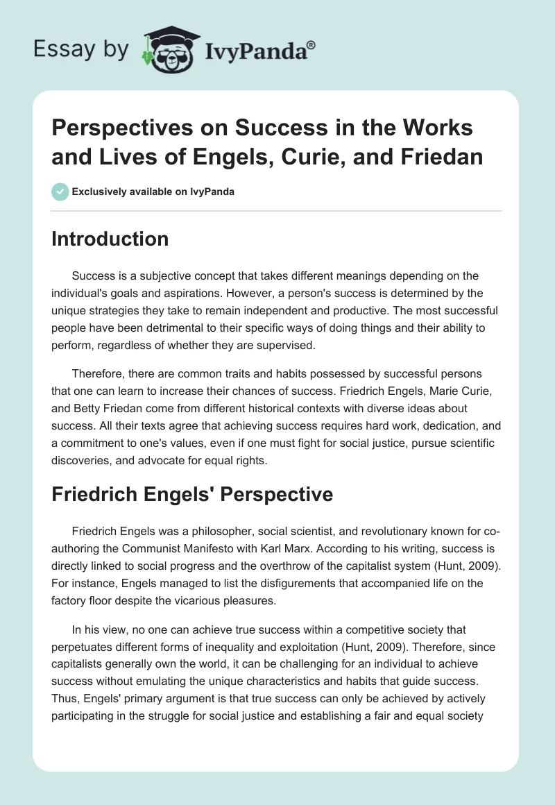 Perspectives on Success in the Works and Lives of Engels, Curie, and Friedan. Page 1