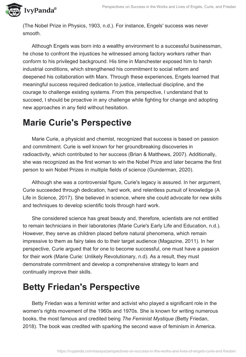 Perspectives on Success in the Works and Lives of Engels, Curie, and Friedan. Page 2