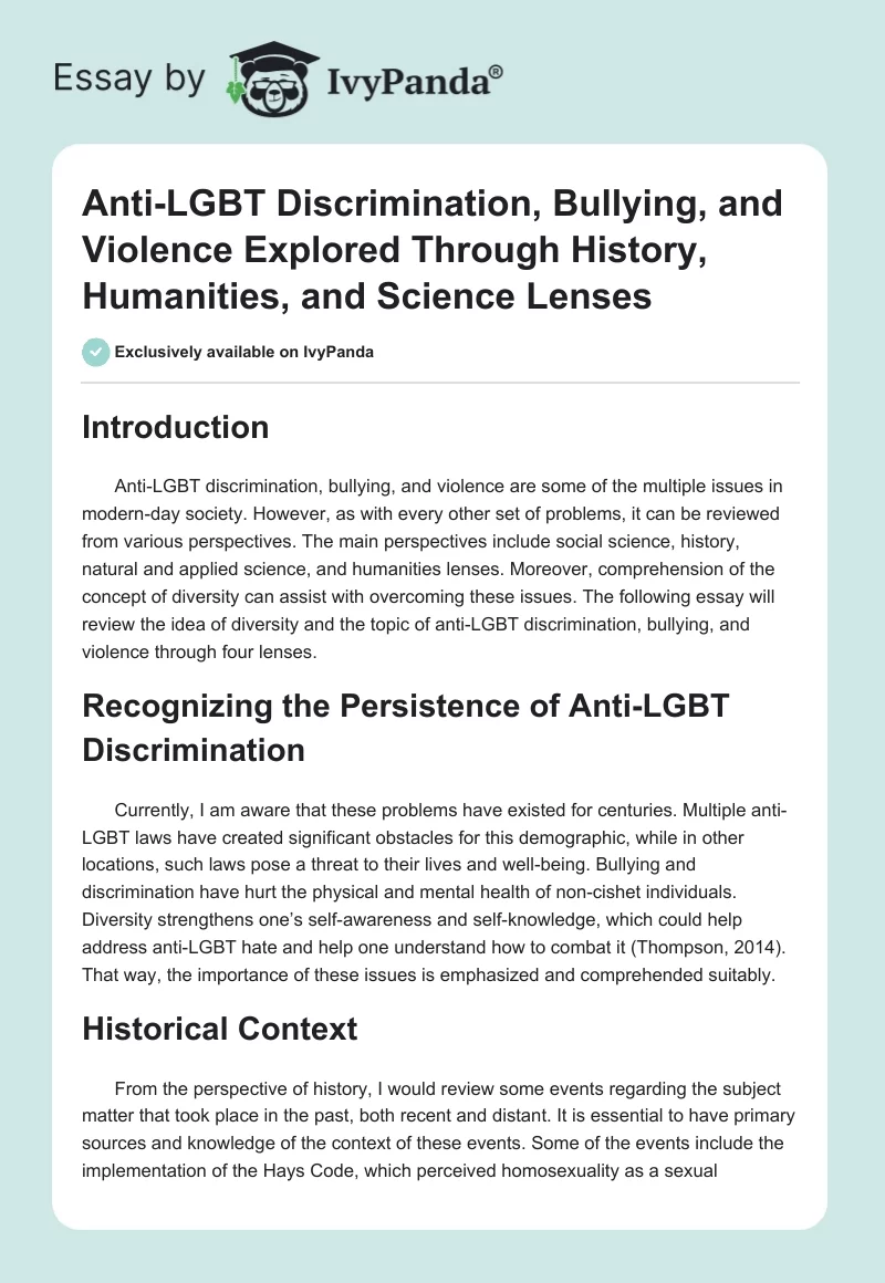 Anti-LGBT Discrimination, Bullying, and Violence Explored Through History, Humanities, and Science Lenses. Page 1