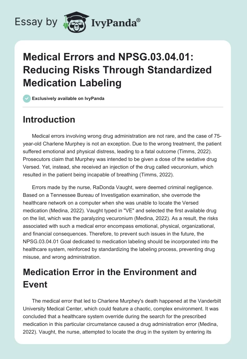 Medical Errors and NPSG.03.04.01: Reducing Risks Through Standardized Medication Labeling. Page 1