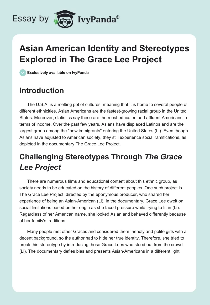Asian American Identity and Stereotypes Explored in The Grace Lee Project. Page 1