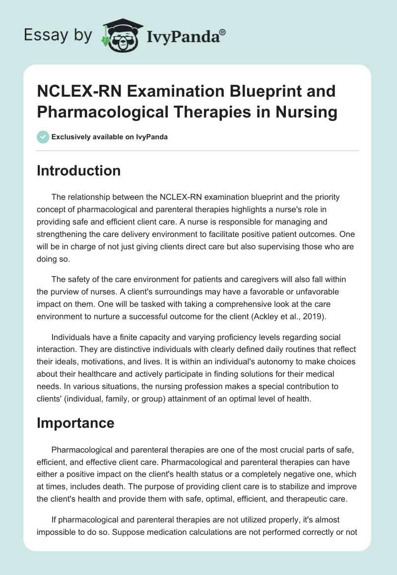 NCLEX-RN Examination Blueprint and Pharmacological Therapies in Nursing. Page 1