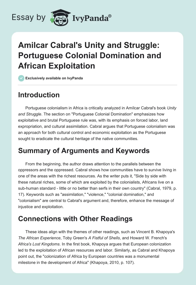 Amilcar Cabral's Unity and Struggle: Portuguese Colonial Domination and African Exploitation. Page 1