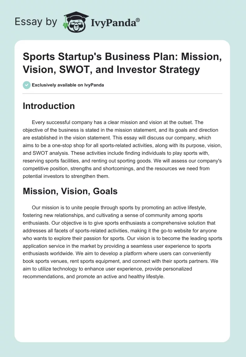 Sports Startup's Business Plan: Mission, Vision, SWOT, and Investor Strategy. Page 1