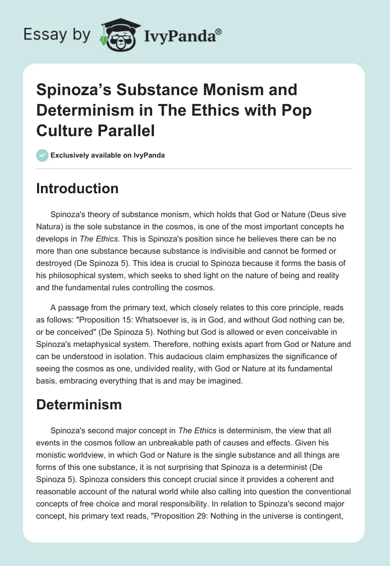 Spinoza’s Substance Monism and Determinism in The Ethics with Pop Culture Parallel. Page 1
