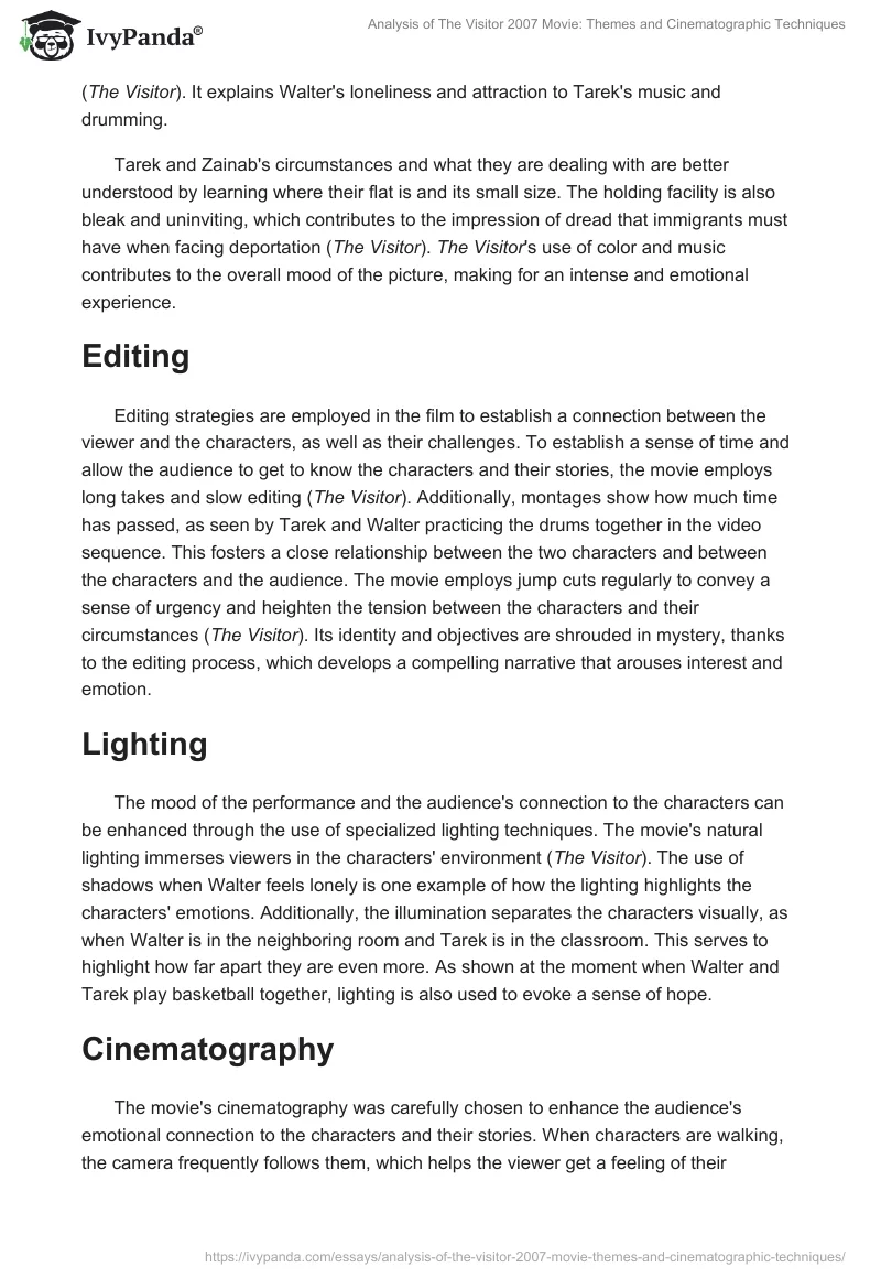 Analysis of The Visitor 2007 Movie: Themes and Cinematographic Techniques. Page 2