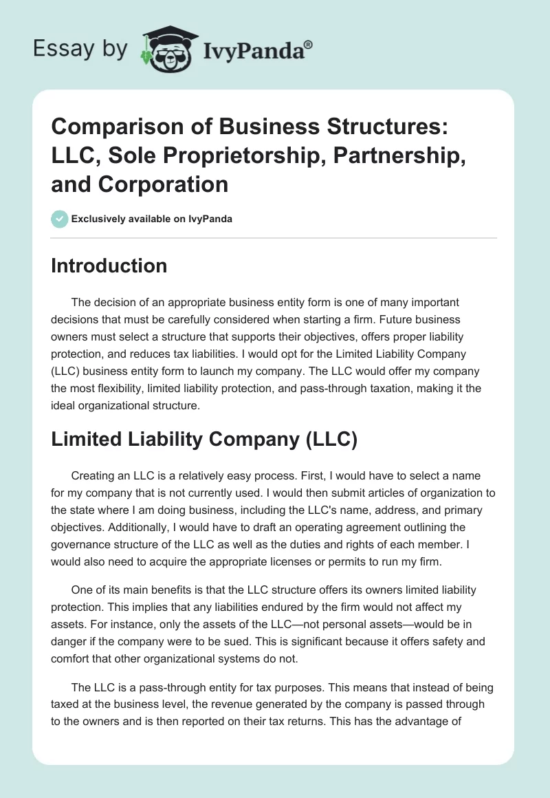 Comparison of Business Structures: LLC, Sole Proprietorship, Partnership, and Corporation. Page 1