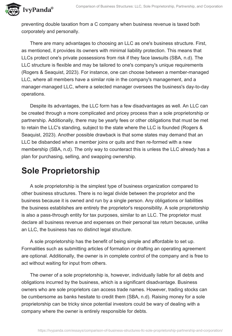 Comparison of Business Structures: LLC, Sole Proprietorship, Partnership, and Corporation. Page 2