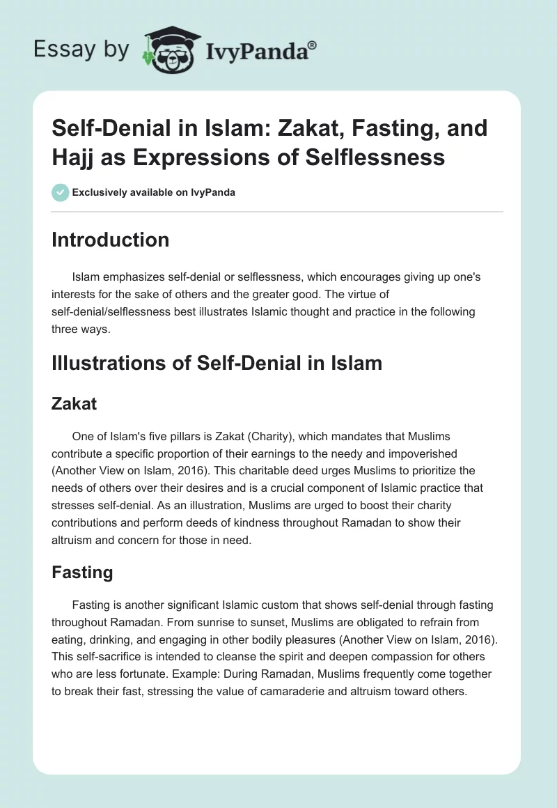 Self-Denial in Islam: Zakat, Fasting, and Hajj as Expressions of Selflessness. Page 1