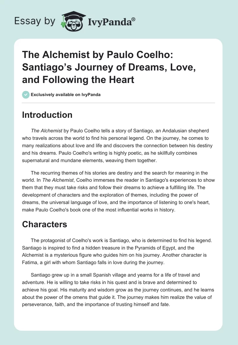 The Alchemist by Paulo Coelho: Santiago’s Journey of Dreams, Love, and Following the Heart. Page 1