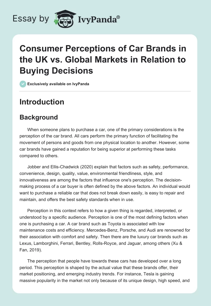 Consumer Perceptions of Car Brands in the UK vs. Global Markets in Relation to Buying Decisions. Page 1