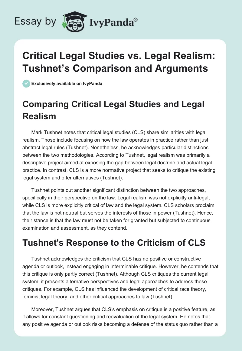 Critical Legal Studies vs. Legal Realism: Tushnet’s Comparison and Arguments. Page 1