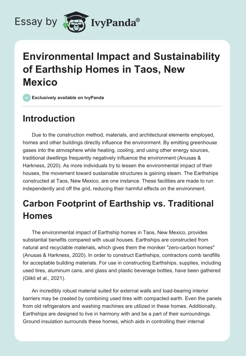 Environmental Impact and Sustainability of Earthship Homes in Taos, New Mexico. Page 1