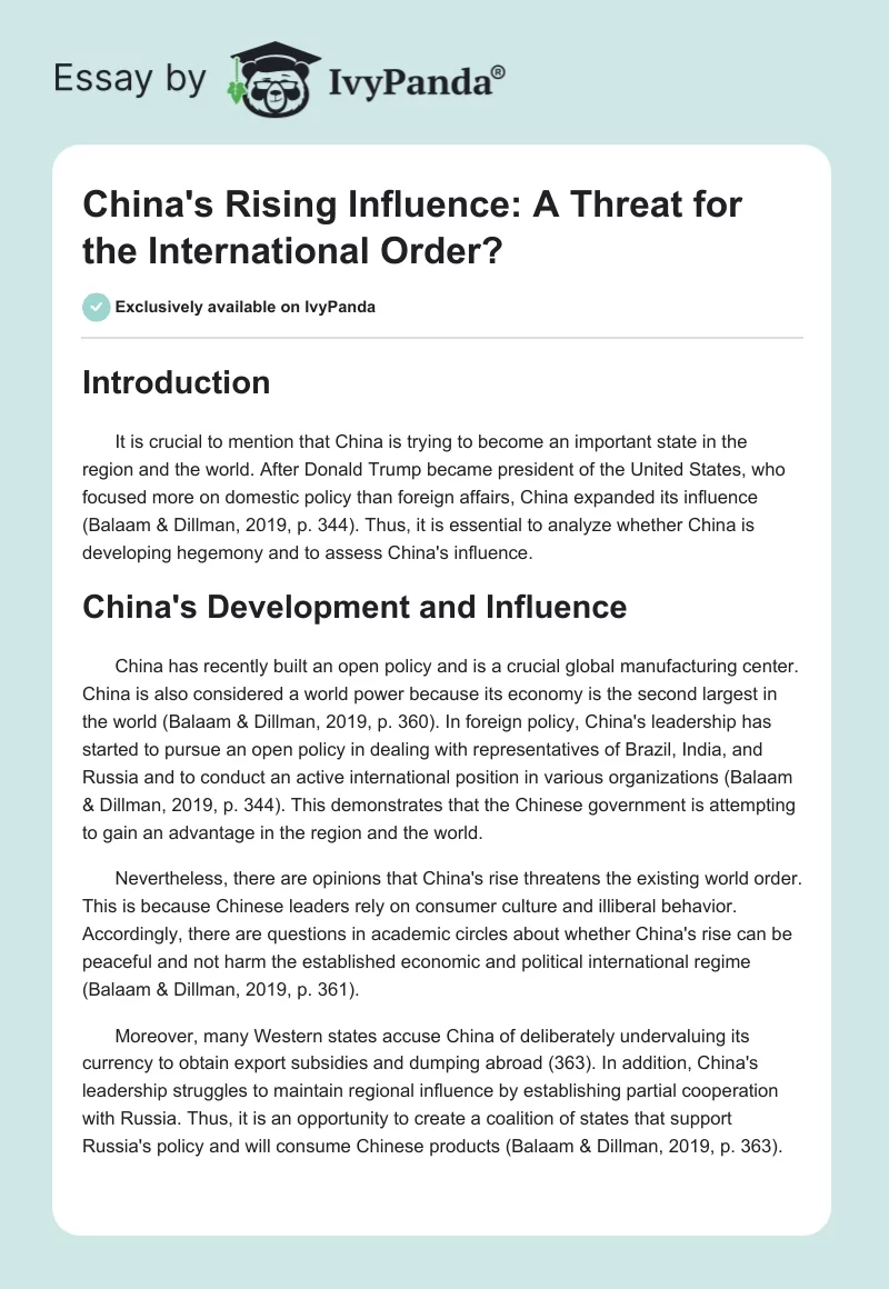 China's Rising Influence: A Threat for the International Order?. Page 1