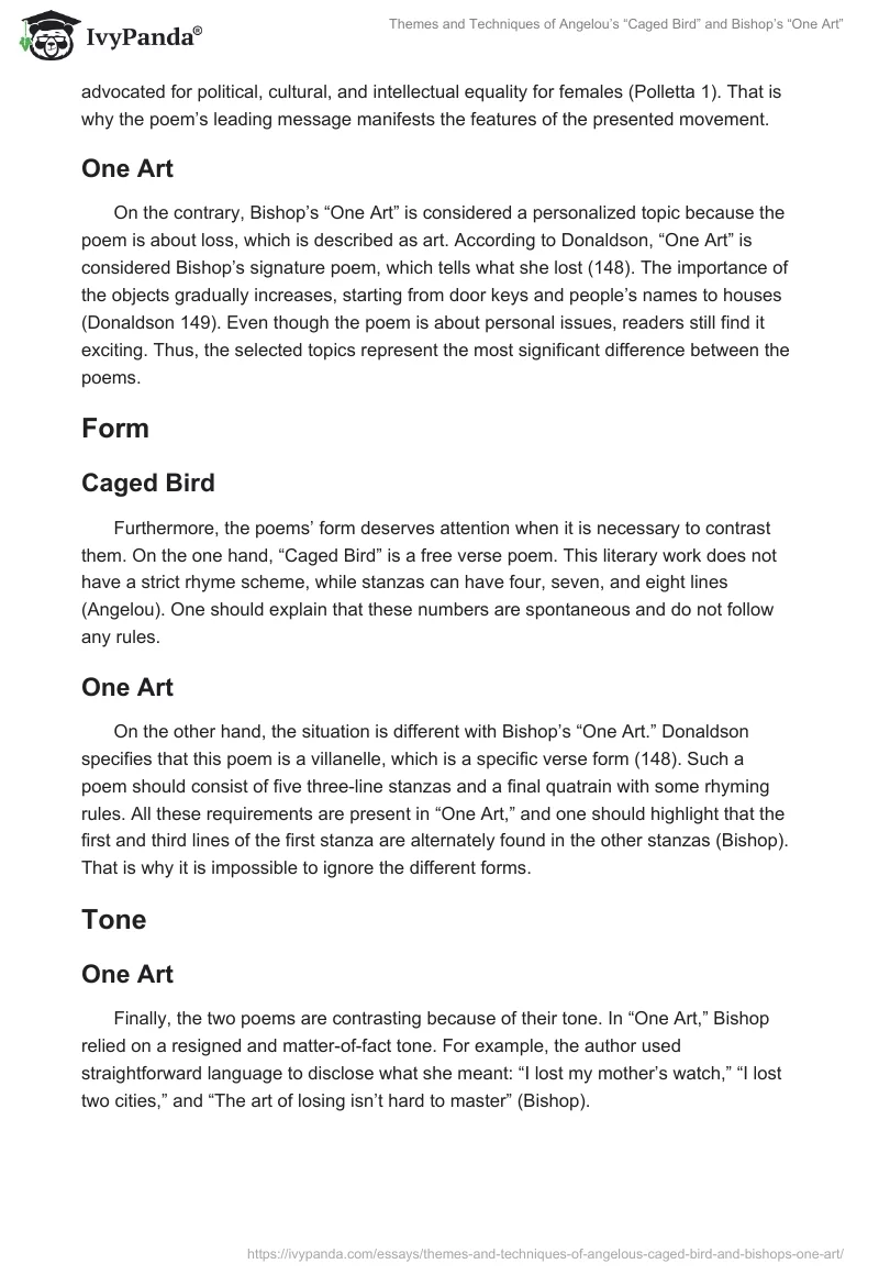 Themes and Techniques of Angelou’s “Caged Bird” and Bishop’s “One Art”. Page 2