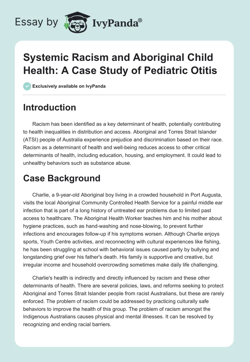 Systemic Racism and Aboriginal Child Health: A Case Study of Pediatric Otitis. Page 1