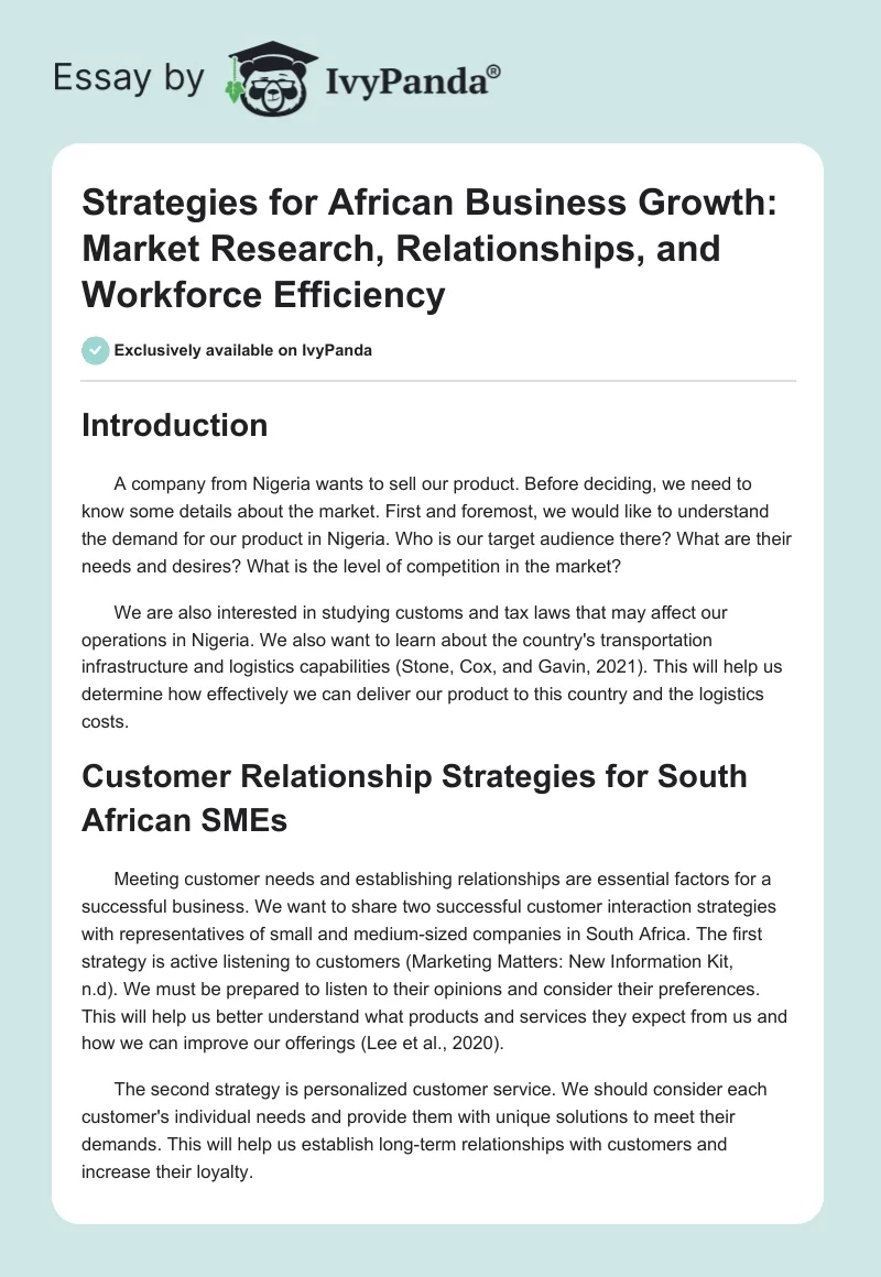 Strategies for African Business Growth: Market Research, Relationships, and Workforce Efficiency. Page 1